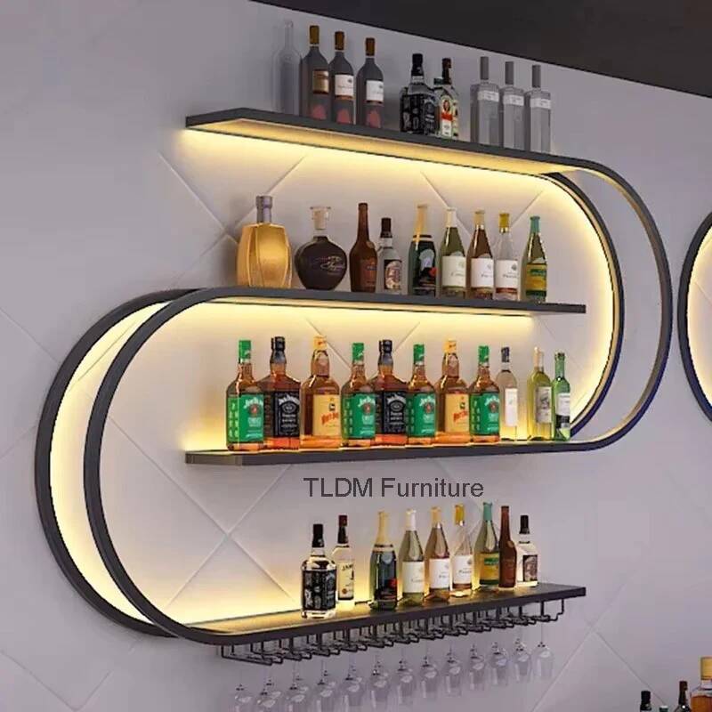 Home Bar Setup - ชั้นวางไวน์ติดผนังเหล็กสไตล์นอร์ดิกเรขาคณิต ชั้นวางของตกแต่งผนัง ตู้เก็บไวน์สำหรับร้านอาหาร พร้อมเฟอร์นิเจอร์บาร์