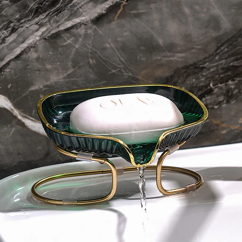 Home Bar Shelf - กล่องใส่สบู่แบบมีขอบสีทอง พร้อมช่องระบายน้ำ สำหรับวางมุมห้องน้ำ ชั้นวางของในบ้านสำหรับจัดเก็บสบู่และฟองน้ำ