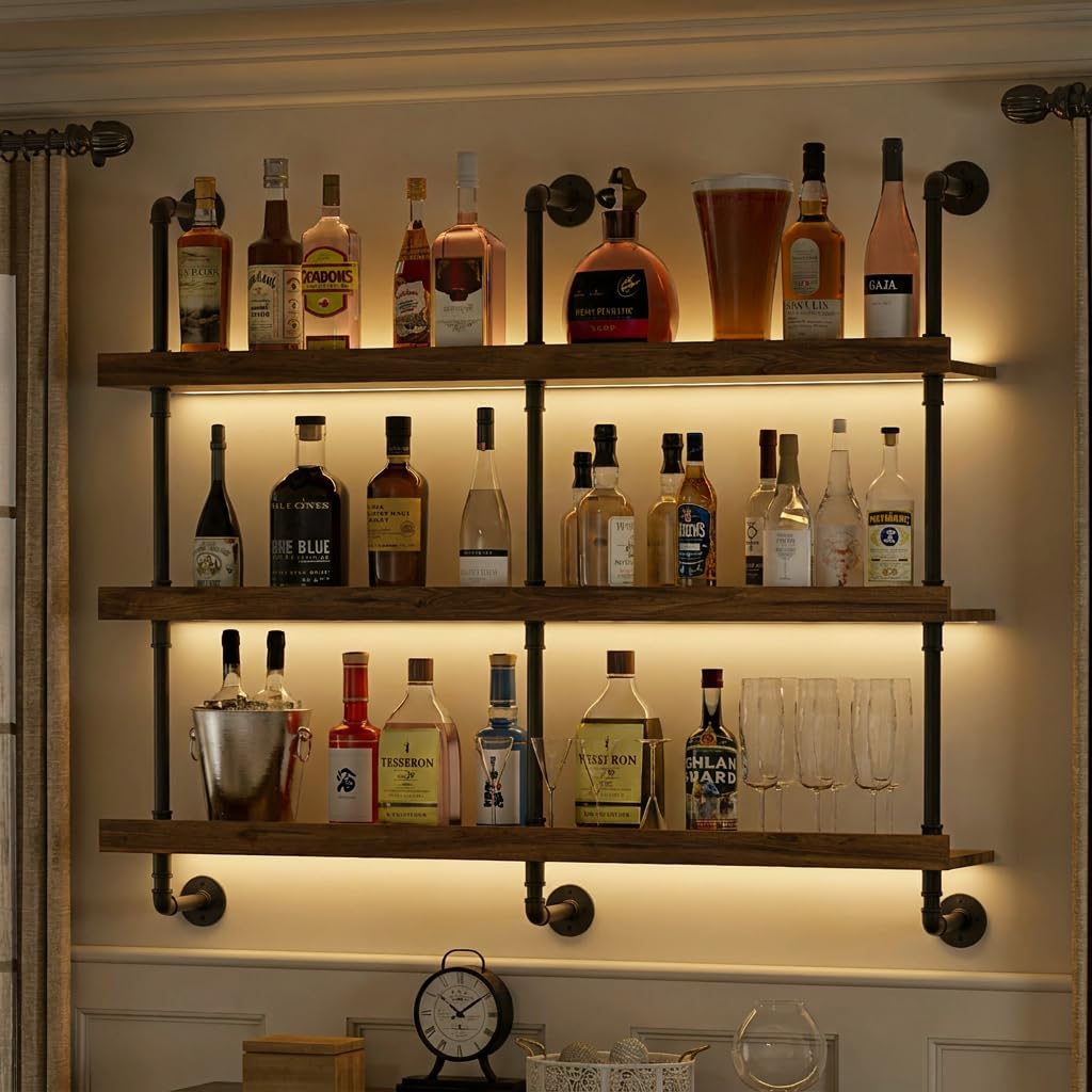 Home Bar Stand - ชั้นวางไวน์ติดผนังพร้อมไฟ LED แบบสามชั้น ชั้นวางลอยสำหรับจัดแสดงและเก็บขวดเหล้า ที่วางไวน์สไตล์โมเดิร์นสำหรับห้องครัว บาร์ในบ้าน
